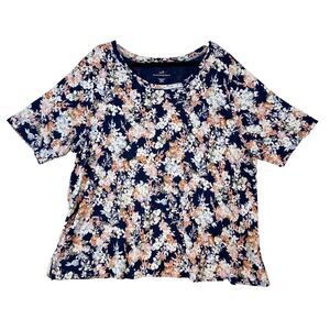 J Jill Pima Scoop Neck Elbow Sleeve Tee Womens 3X Multicolor Floral Short Sleeve